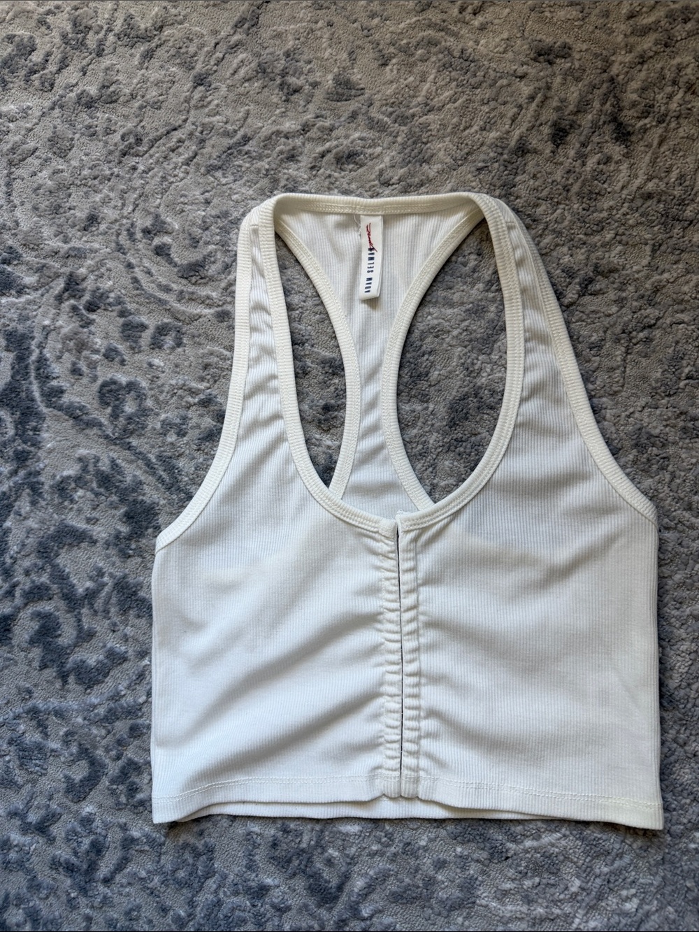 Adam Selman Sport Small Ribbed Racerback Crop White tank with hook+eye closure